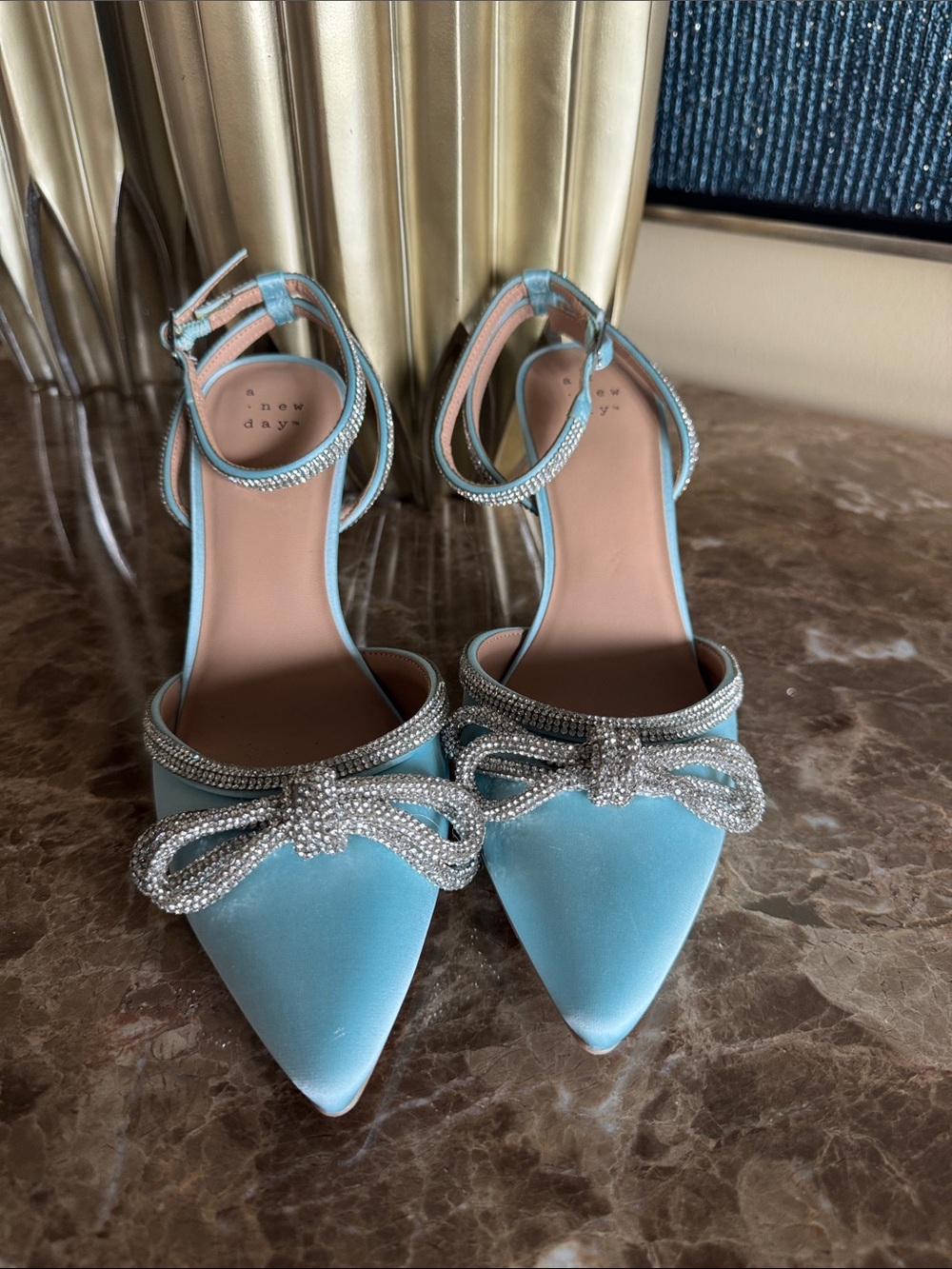 a new day Aqua Pointed-Toe Ankle-Strap Heels with Crystal Bow